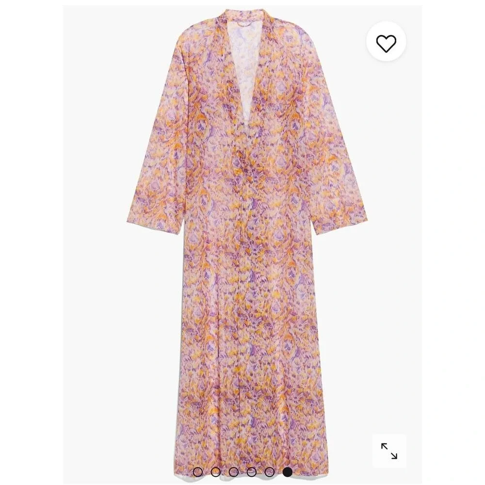 Long Kimono Duster Cover Up Purple Orange Abstract Print Lace Up Back‎